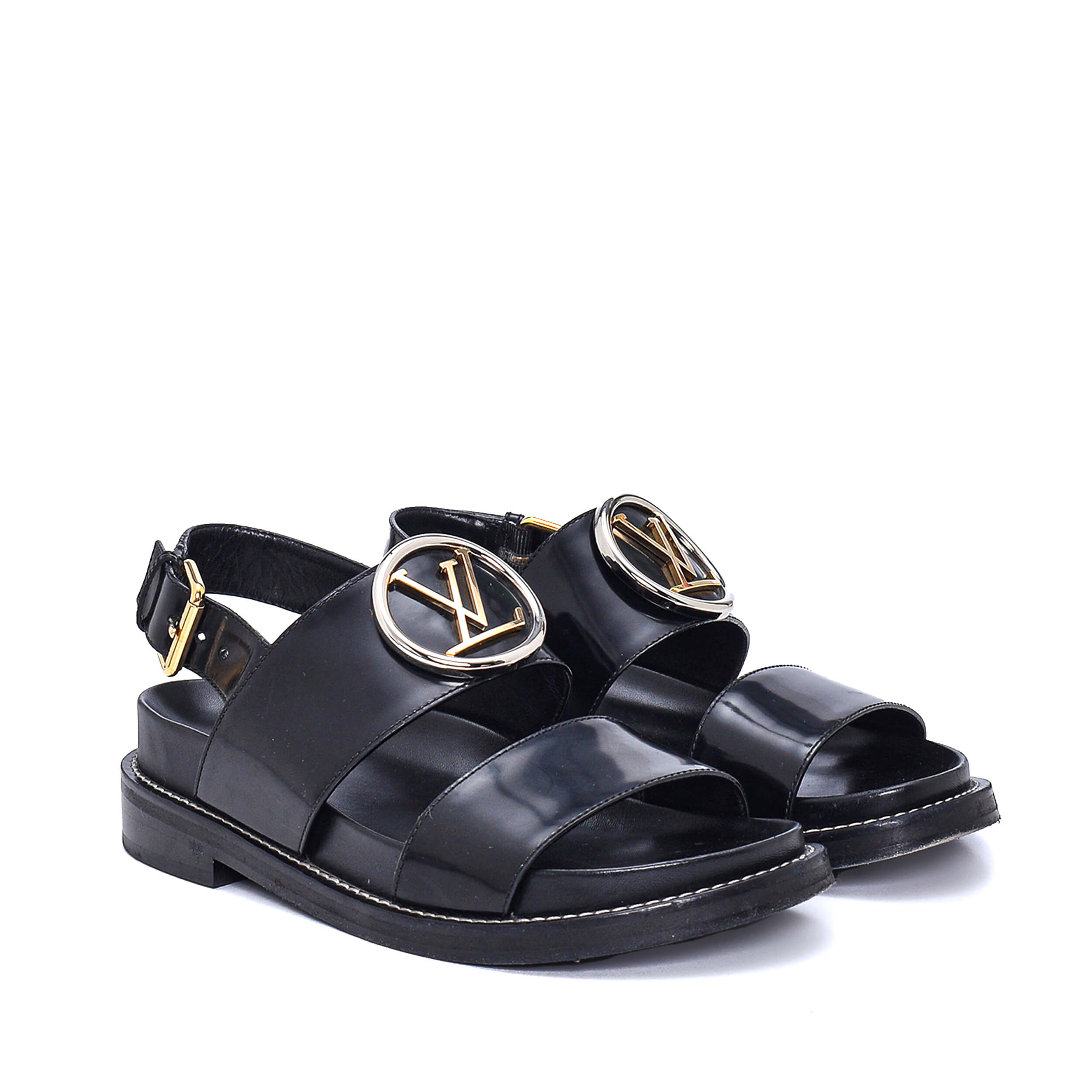 Louis Vuitton - Black Patent Leather LV Buckle Detail Sandals
